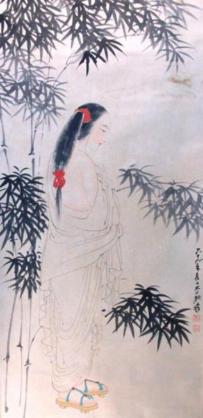 Chang dai chien beauté dans les cheveux rouges mouchoir chaussures en bois blanc robe bamboos Peintures à l'huile